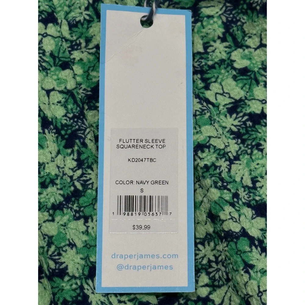 Draper James Top Size S Flutter Sleeve Square Neck Floral Green‎ Navy NEW - Picture 6 of 9